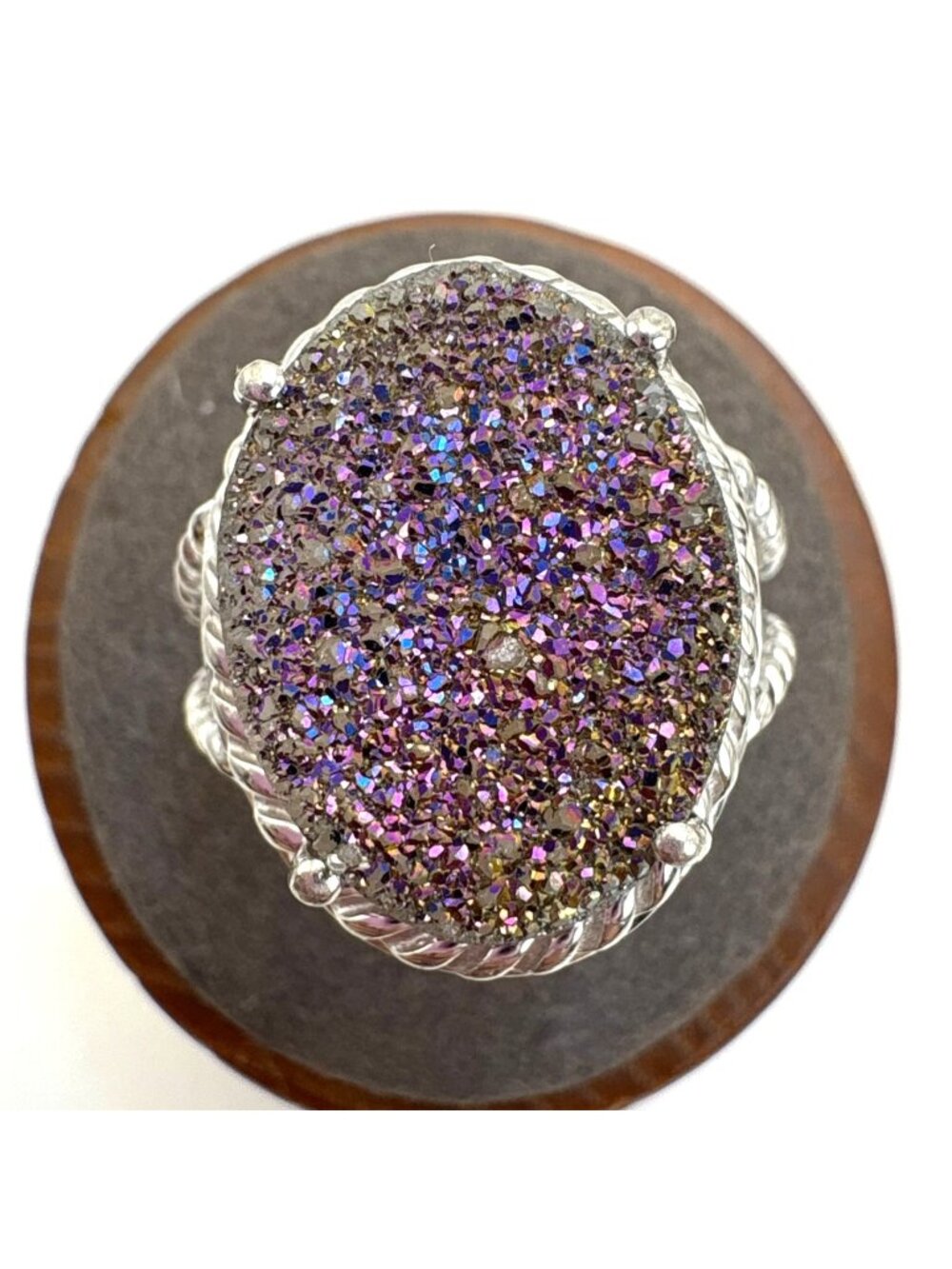 Purple Gray Drusy Oval & Sterling Silver 925 Rope Design Statement Ring Size 7
